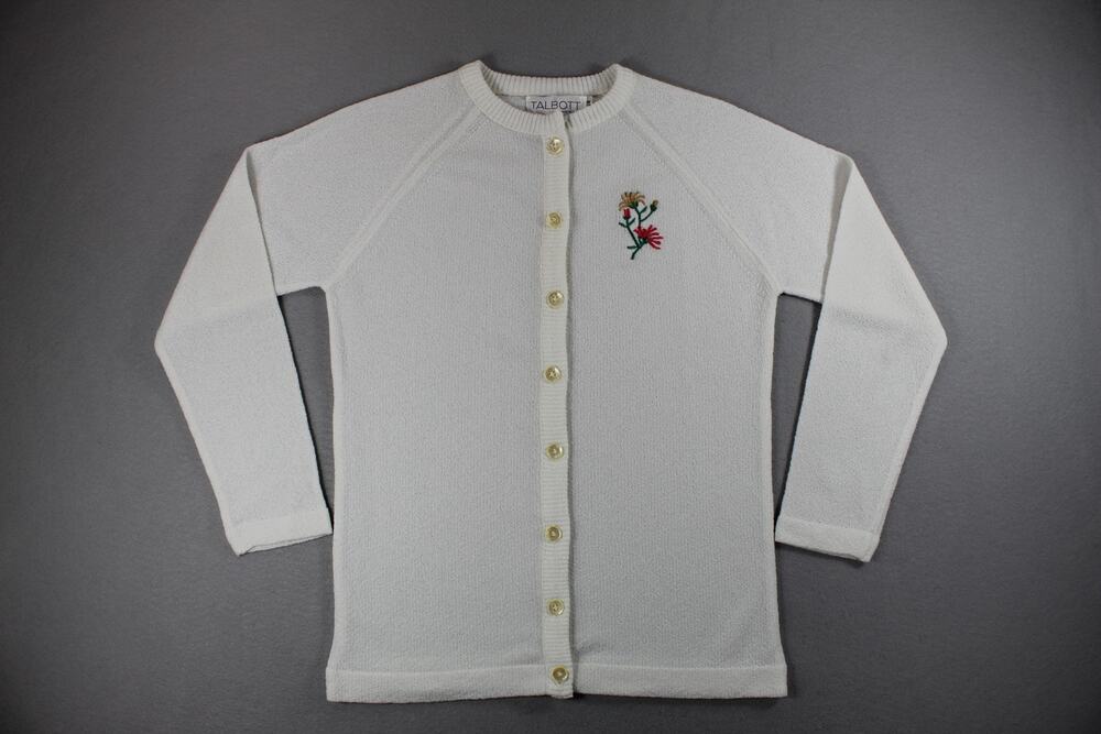 Vintage Talbott White Floral Embroidered Button Cardigan Sweater Women's Small